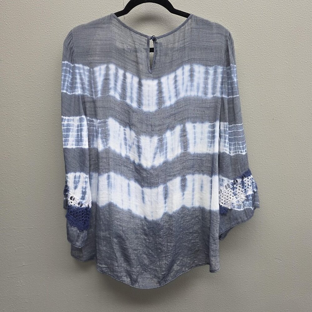 A. Byer Shirt Womens XL Gray Blue Tie Dye Peasant Boho Bell Sleeve Crochet Lined - Picture 5 of 13